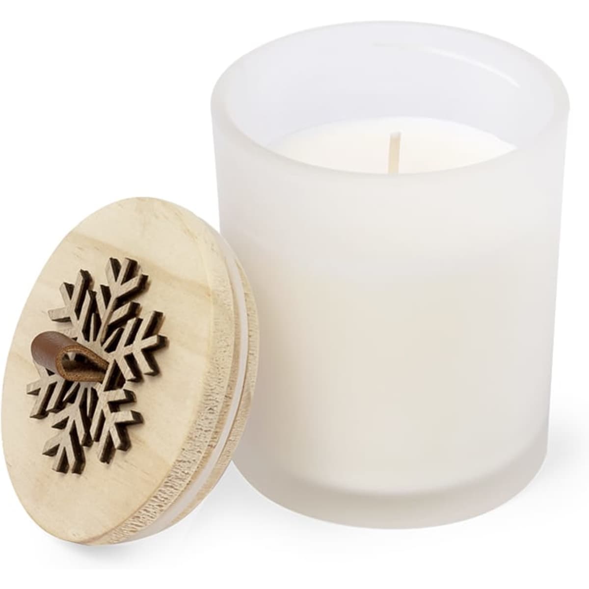 A white candle in a frosted glass jar with a wooden lid featuring a snowflake design.