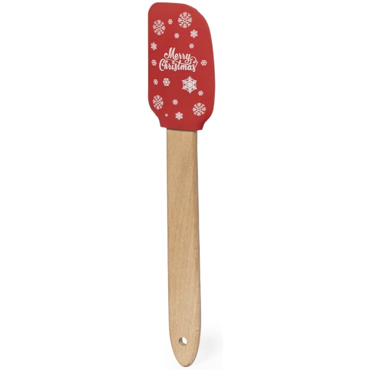 A red spatula with a wooden handle and festive snowflake design. The spatula has a branding element.