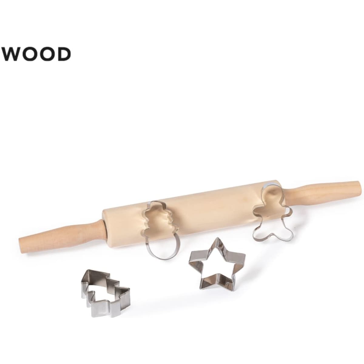 A wooden rolling pin with stainless steel star and gingerbread man cookie cutters. Includes multiple cookie cutter shapes.