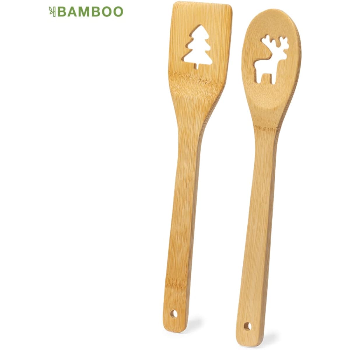 A bamboo kitchen set featuring a spatula and spoon, both with decorative cutouts of a tree and a reindeer.