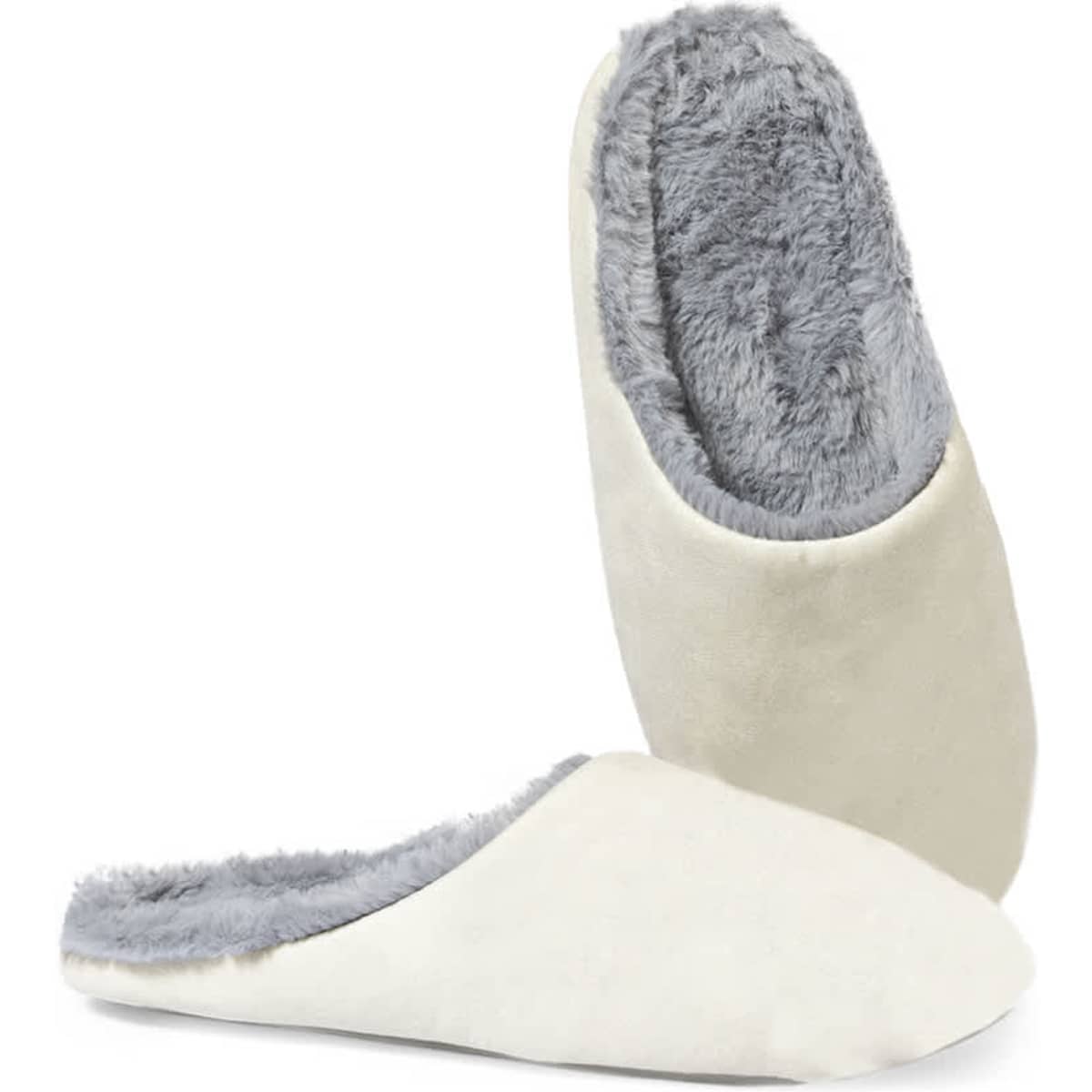 A pair of cream-coloured slippers with a soft grey fur lining, featuring a simple design and no visible branding.