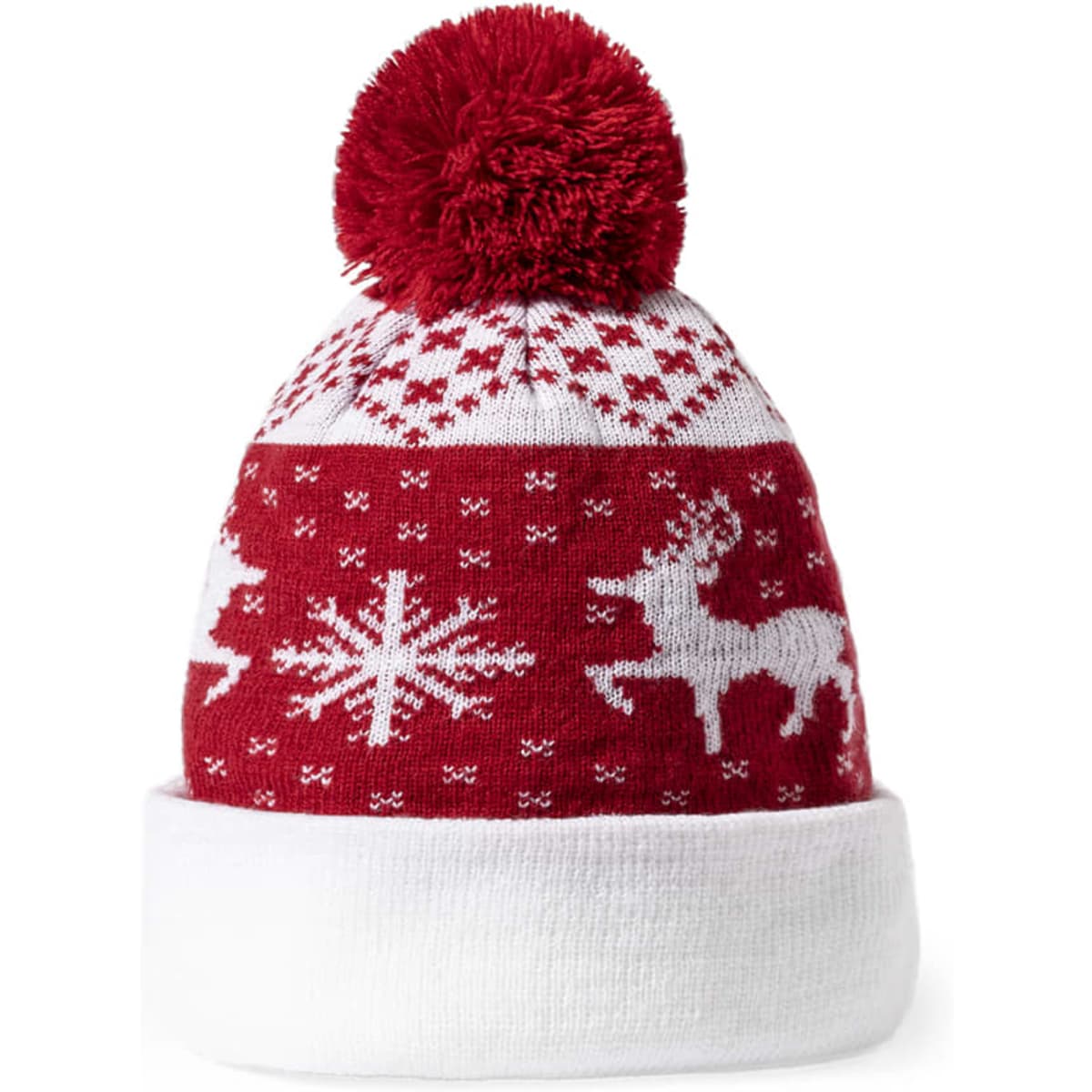 A red and white beanie with a festive pattern featuring reindeer and a snowflake, topped with a fluffy pom-pom.