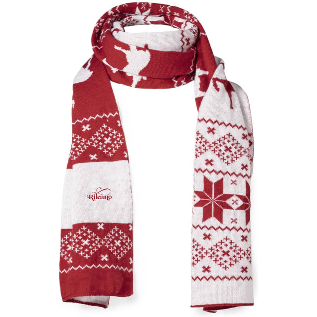 A red and white scarf with festive patterns, featuring reindeer and snowflakes, and a logo.
