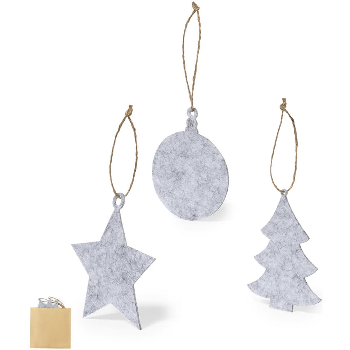 Decorative Christmas ornaments in silver, including a star, circle, and tree, each with a hanging twine.
