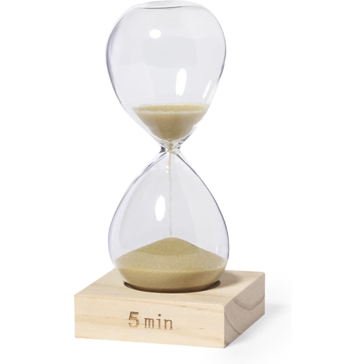 An hourglass timer with clear glass and light sand, set on a wooden base marked with '5 min'.