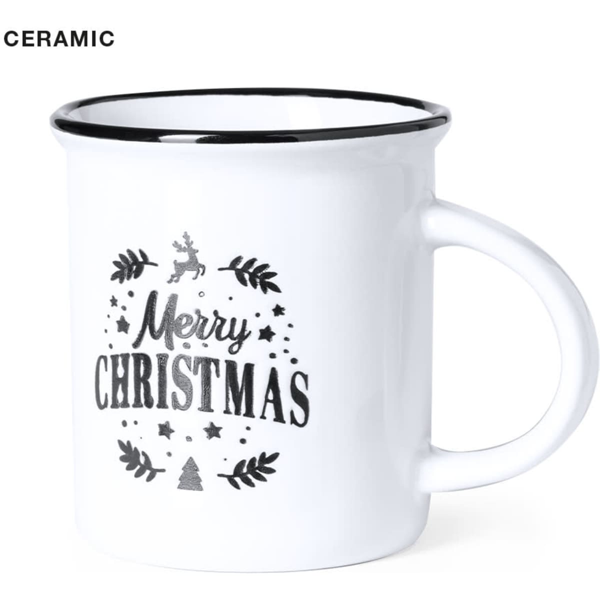 A ceramic coffee mug in white with a black rim, featuring a "Merry Christmas" design and decorative elements.