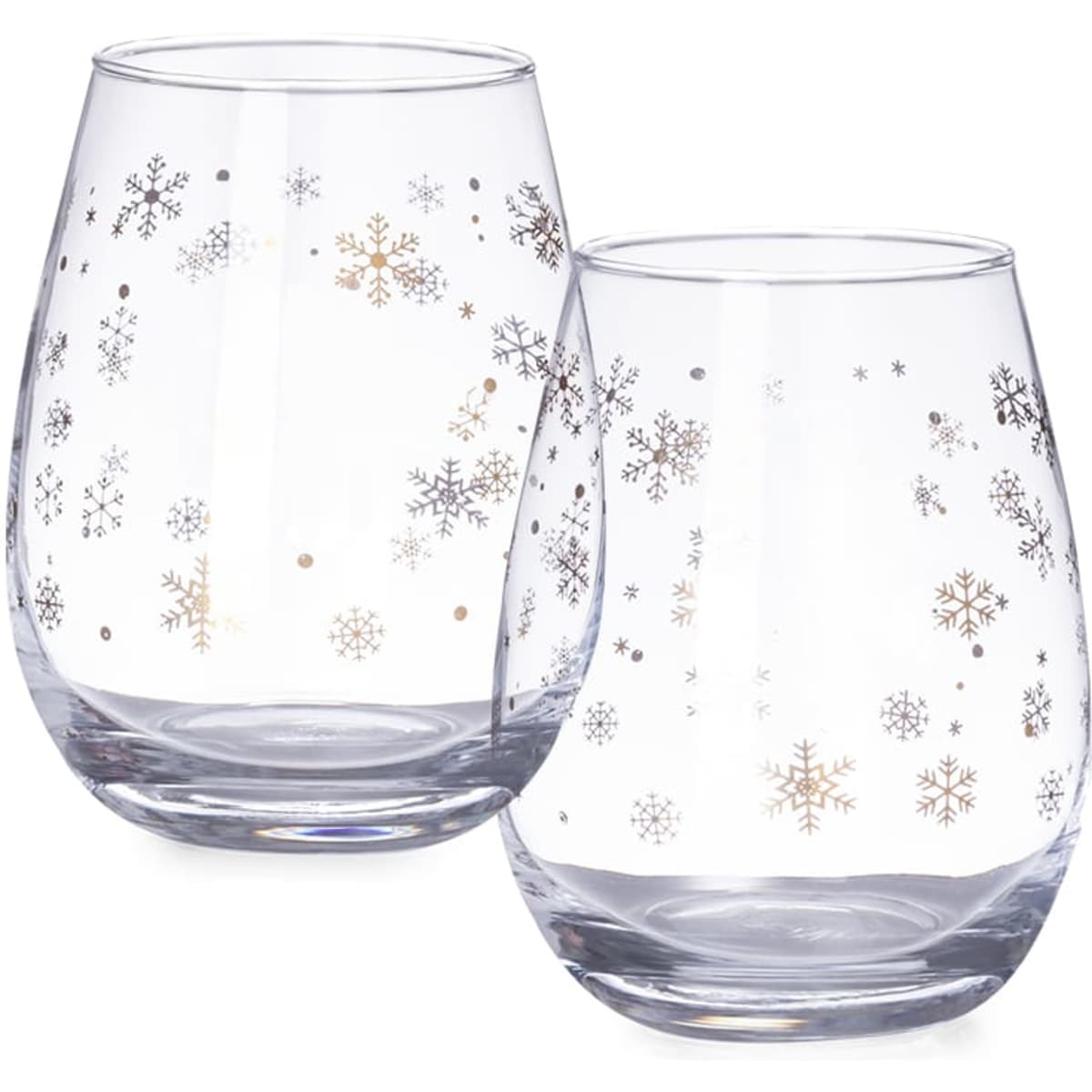 A set of clear glass tumblers featuring snowflake designs in silver and gold. The glasses have a round, wide shape.