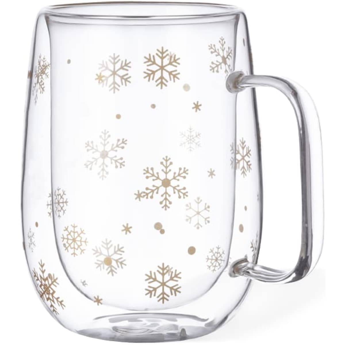 A clear glass mug decorated with gold snowflakes and dots, featuring a curved handle.