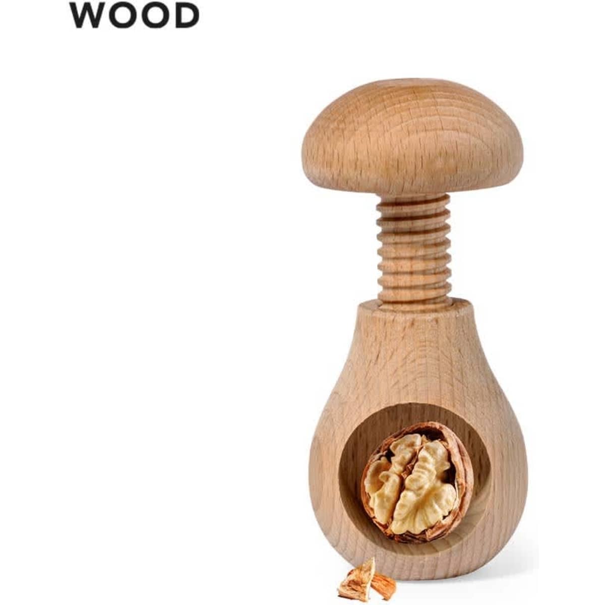 A wooden nutcracker with a mushroom-shaped handle, featuring a nut in the base chamber.
