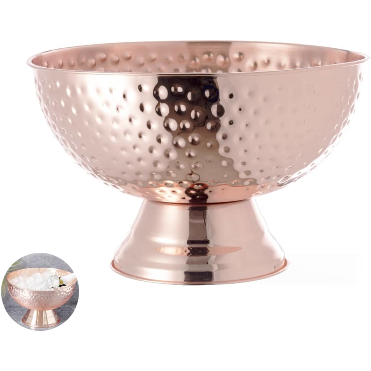 A copper-hued ice bucket with a hammered finish, featuring a pedestal base. It includes a logo on the surface.