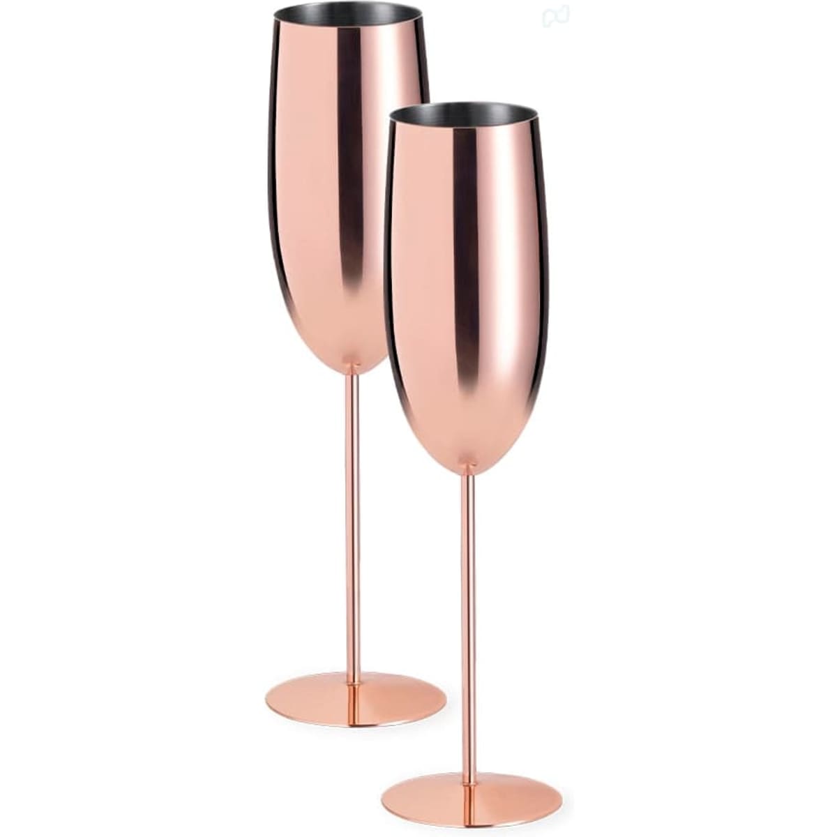A pair of elegant rose gold champagne flutes with sleek, reflective surfaces and slender stems, featuring a logo.