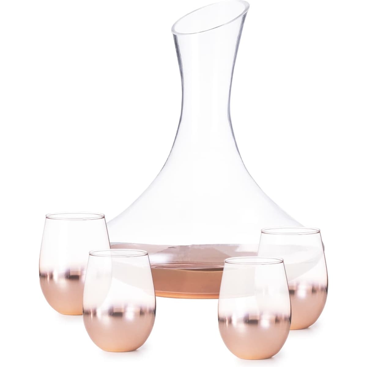 A clear glass decanter with a curved neck and four matching rose gold-tinted glasses.