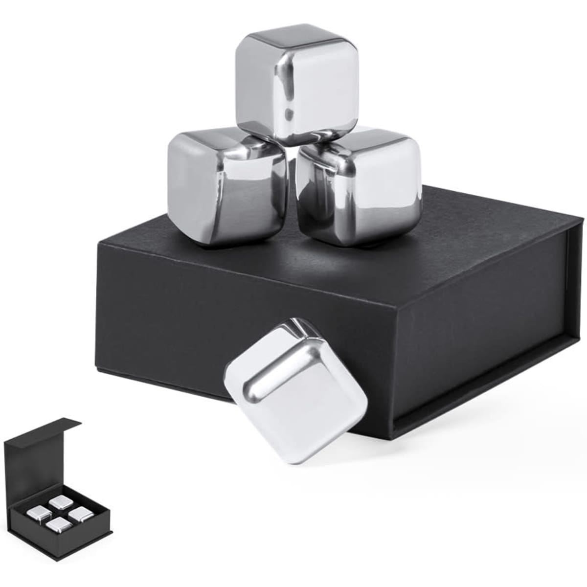 A set of four stainless steel ice cubes in a black box, with one cube resting outside the box.