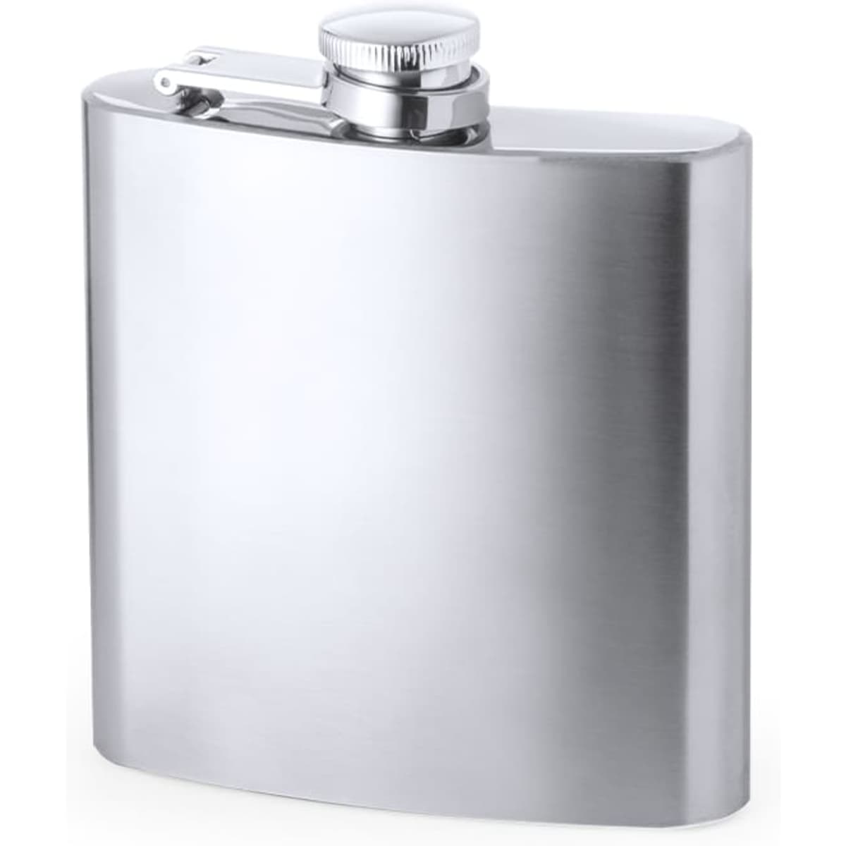 A drink bottle in a sleek stainless steel design, featuring a screw-top lid and a curved shape. It has a logo.