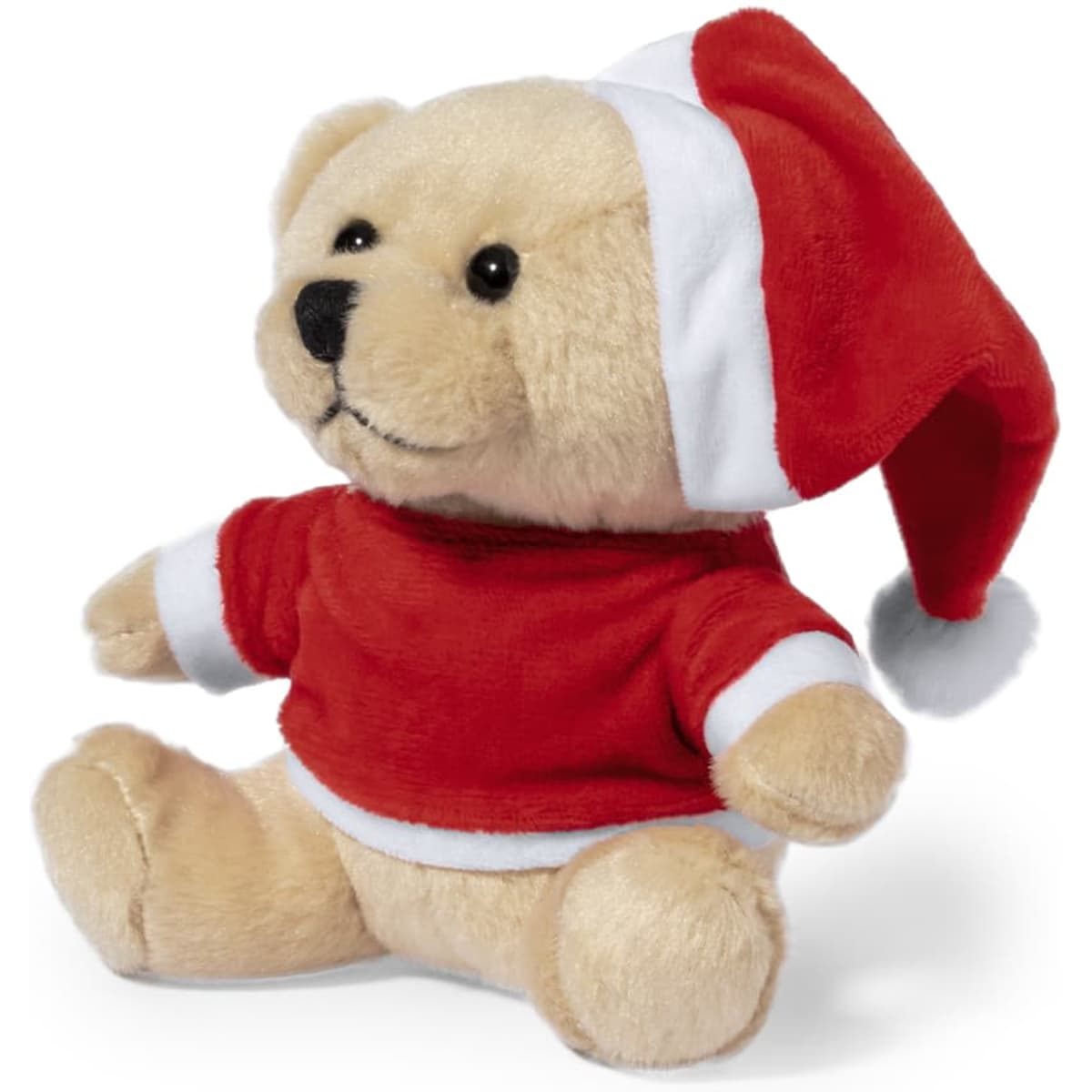 A plush teddy bear wearing a red Santa hat and a red outfit with white trim, smiling softly.