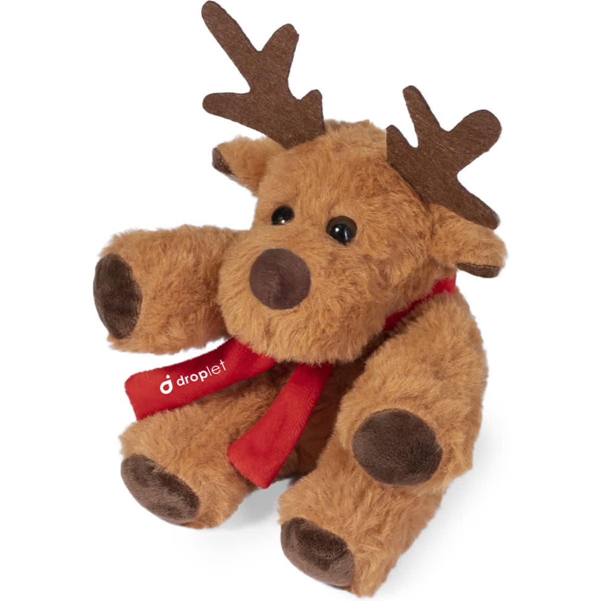 A plush toy reindeer in brown with a red scarf and antlers, featuring a logo on its side.