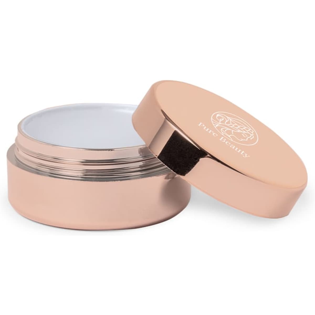 A rose gold lip balm container with a reflective lid, partially opened to reveal the balm inside.