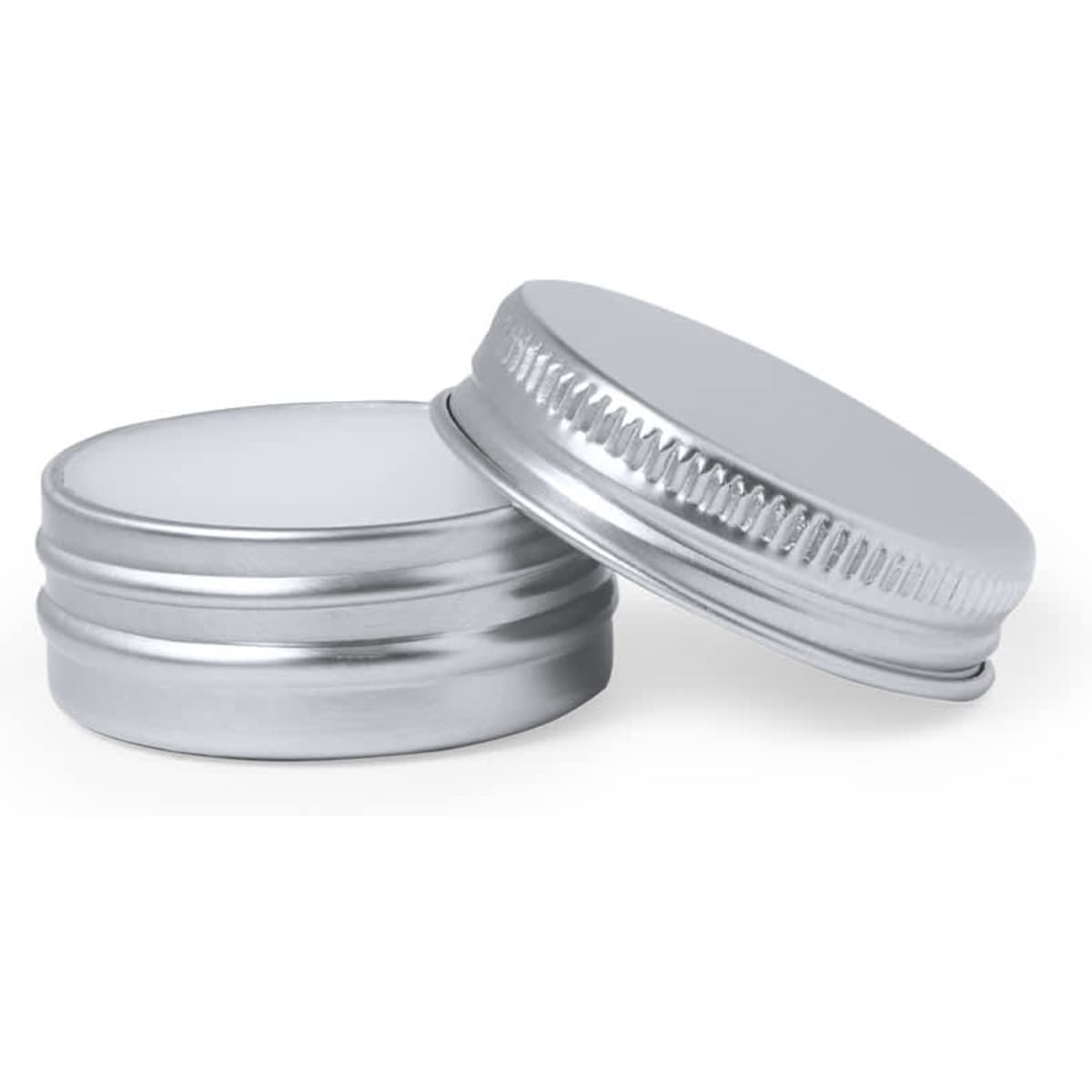 Two silver metal containers with smooth and ridged sides, stacked slightly off-centre.