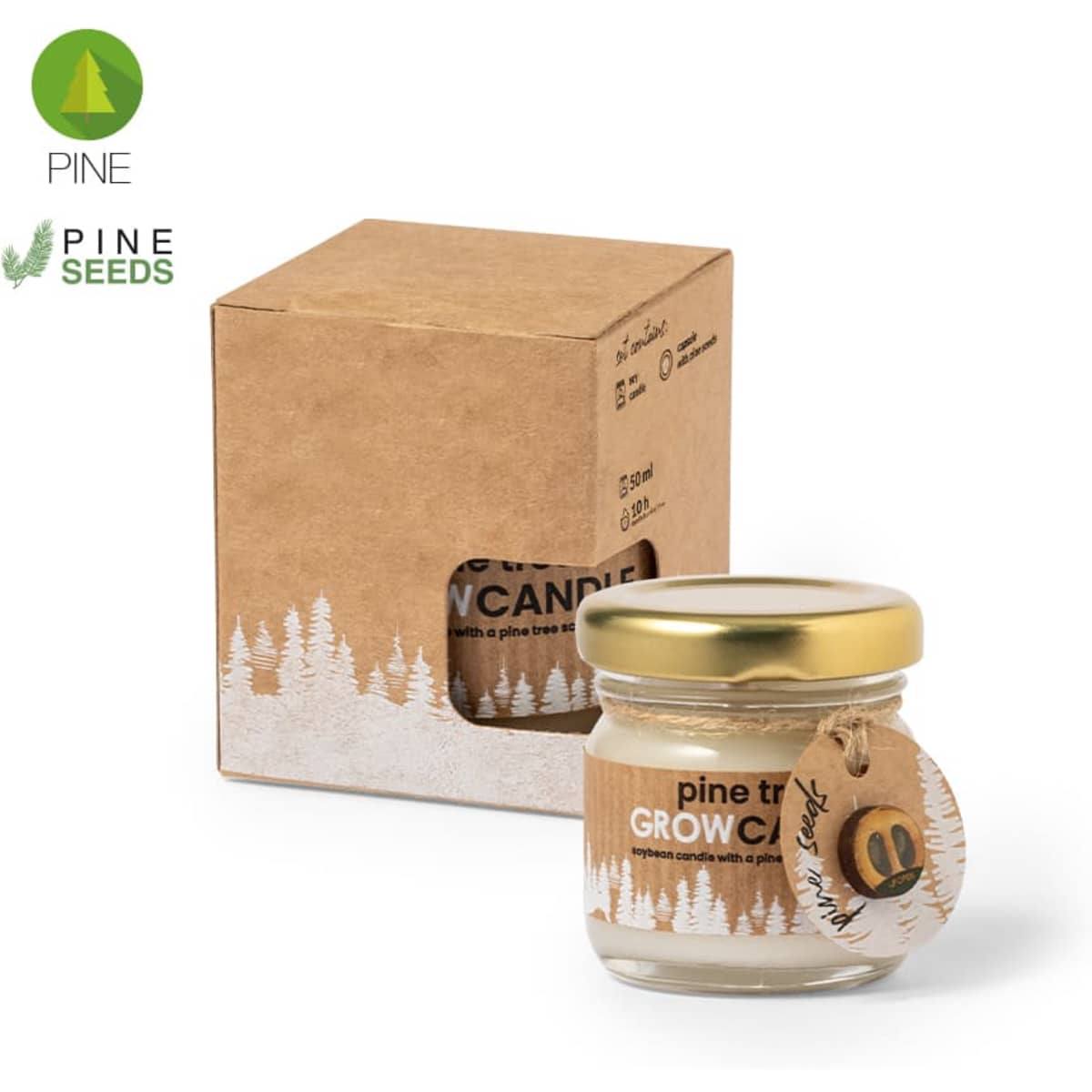 A small, clear glass jar candle with a gold lid, featuring a natural brown cardboard box and a tag.