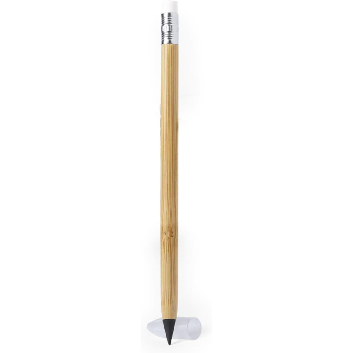 A grey-lead pencil with a wooden body, eraser, and sharpened tip. The pencil has a logo on it.
