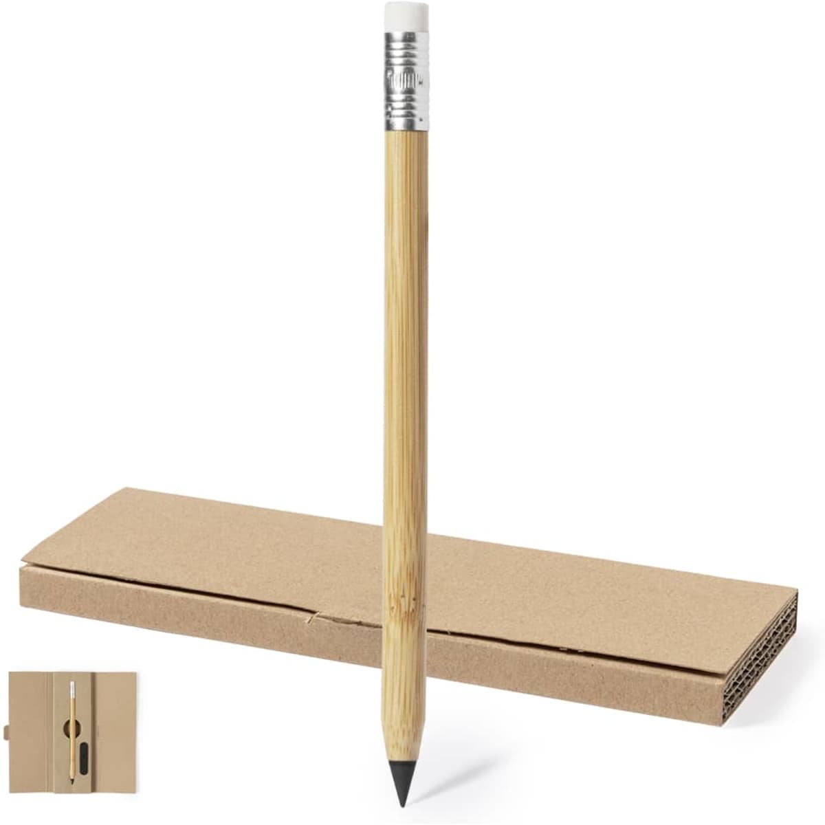 A grey-lead pencil with a bamboo barrel resting on a brown cardboard box. The pencil features a metallic ferrule.