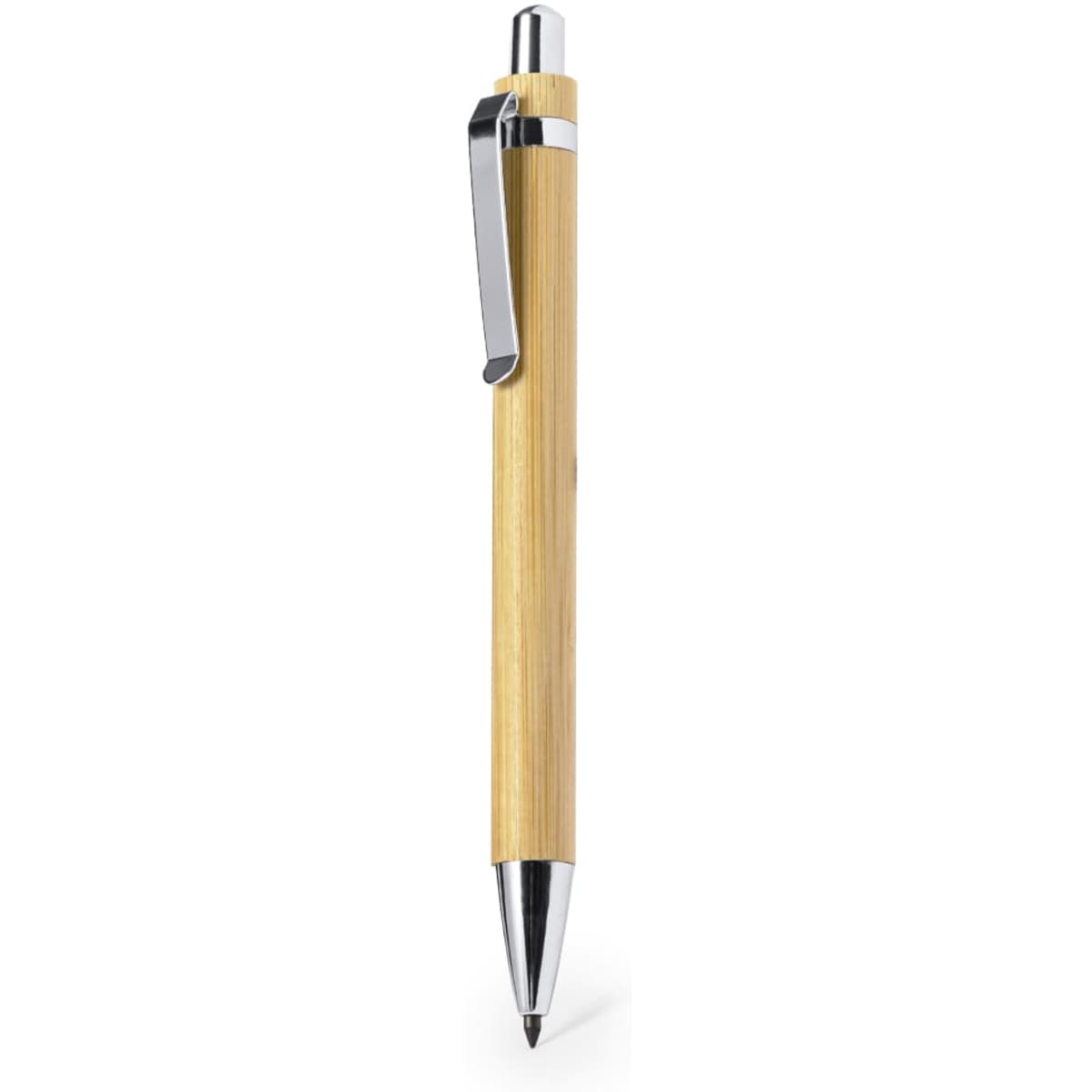 A bamboo pen with a silver clip and chrome details, featuring a sleek and natural design.