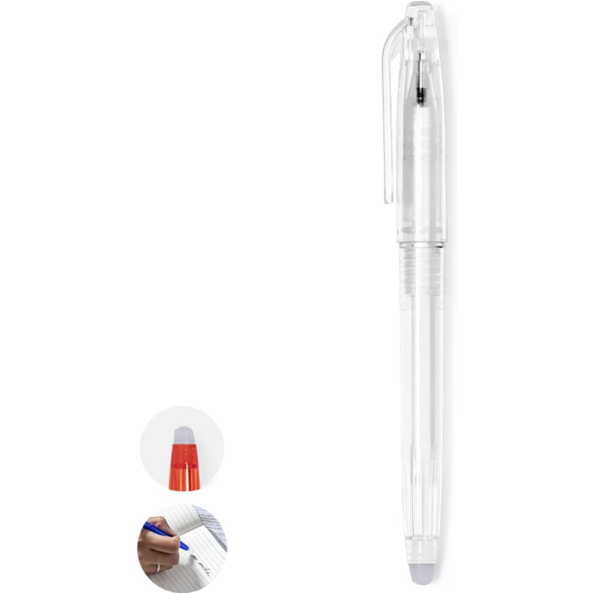 A clear pen with a white grip and a blue ink tip, featuring a retractable design and a branding logo.
