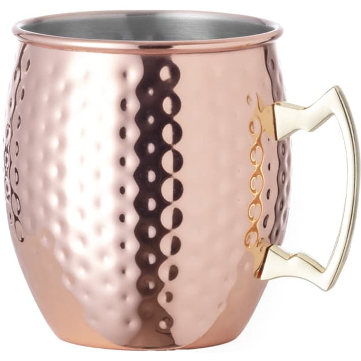 A copper mug with a textured finish and a gold-toned handle, featuring a metallic interior and a smooth rim.