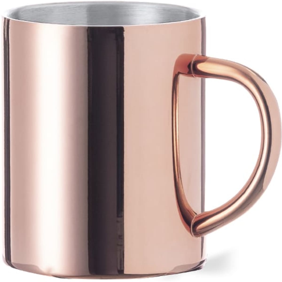 A coffee mug in a shiny rose gold finish with a sleek handle and a metallic interior. Features a logo.