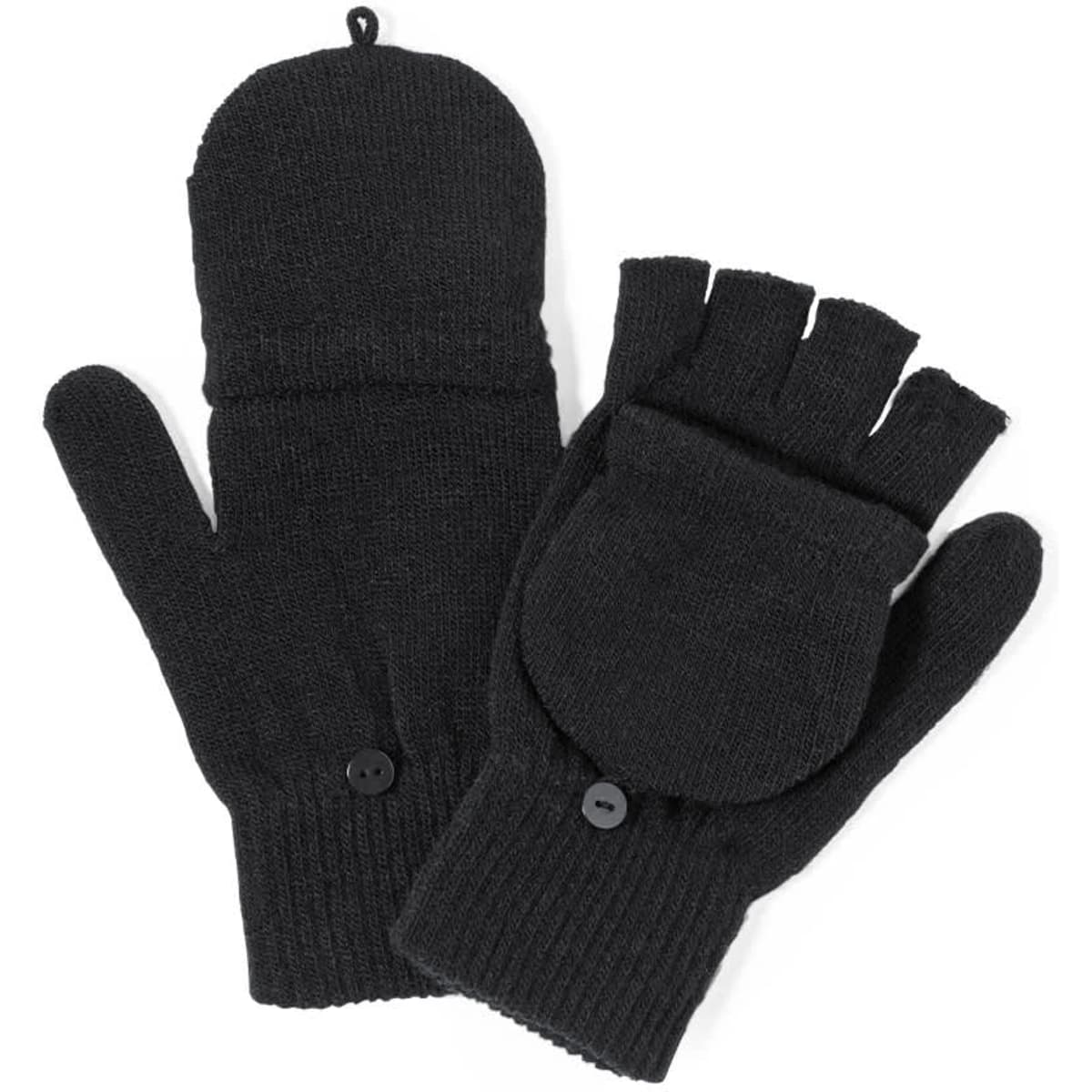 Black gloves with a convertible design, featuring a fingerless option and a button closure.