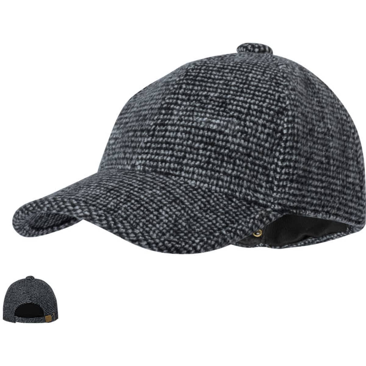 A grey and black patterned cap featuring a curved brim and an adjustable strap at the back. It has a logo on the side.