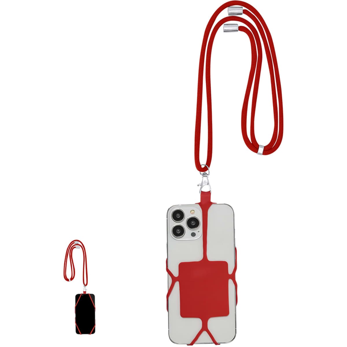 A red lanyard with a phone holder attachment, designed for carrying mobile devices securely.