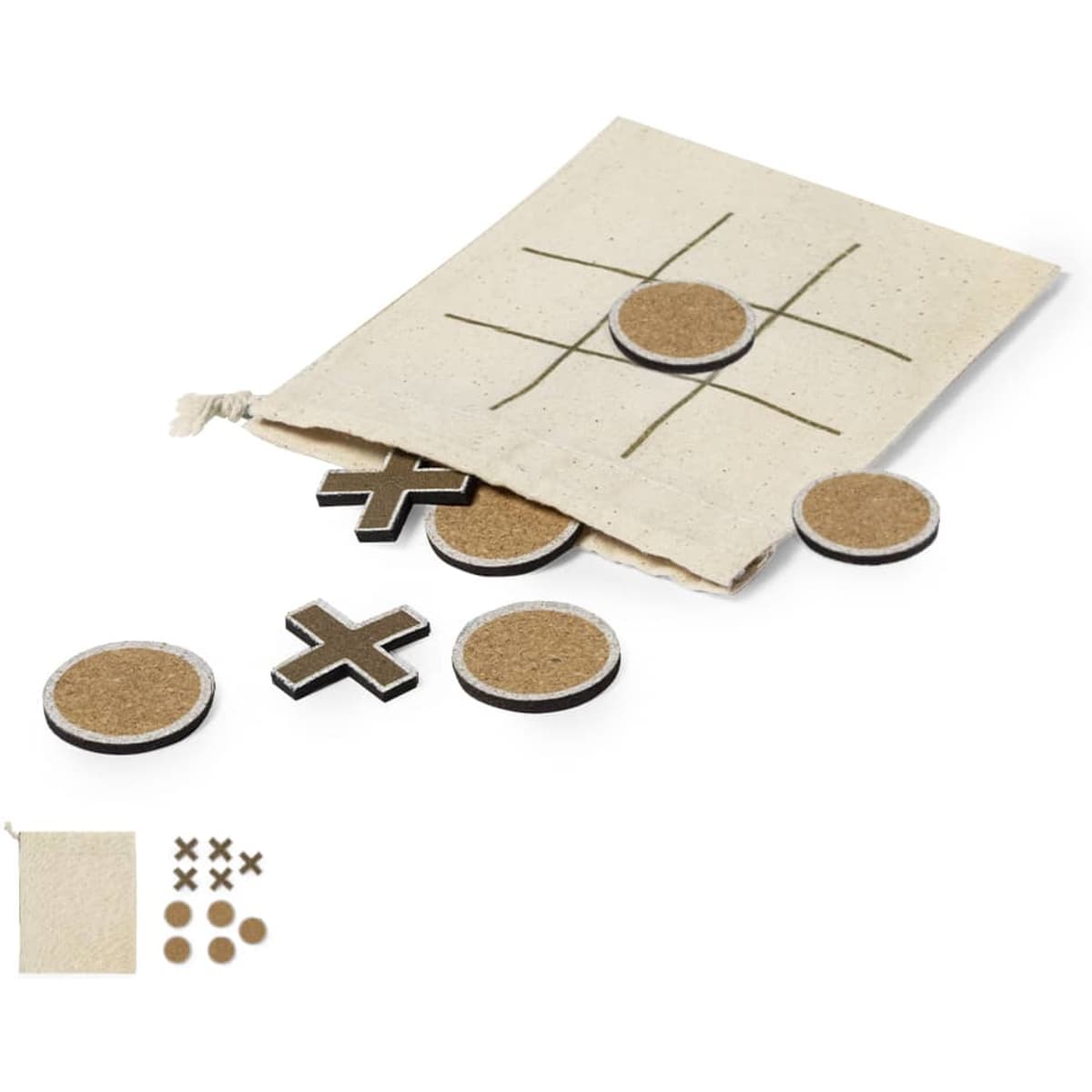 A tan drawstring pouch containing a tic-tac-toe board and assorted round playing pieces.