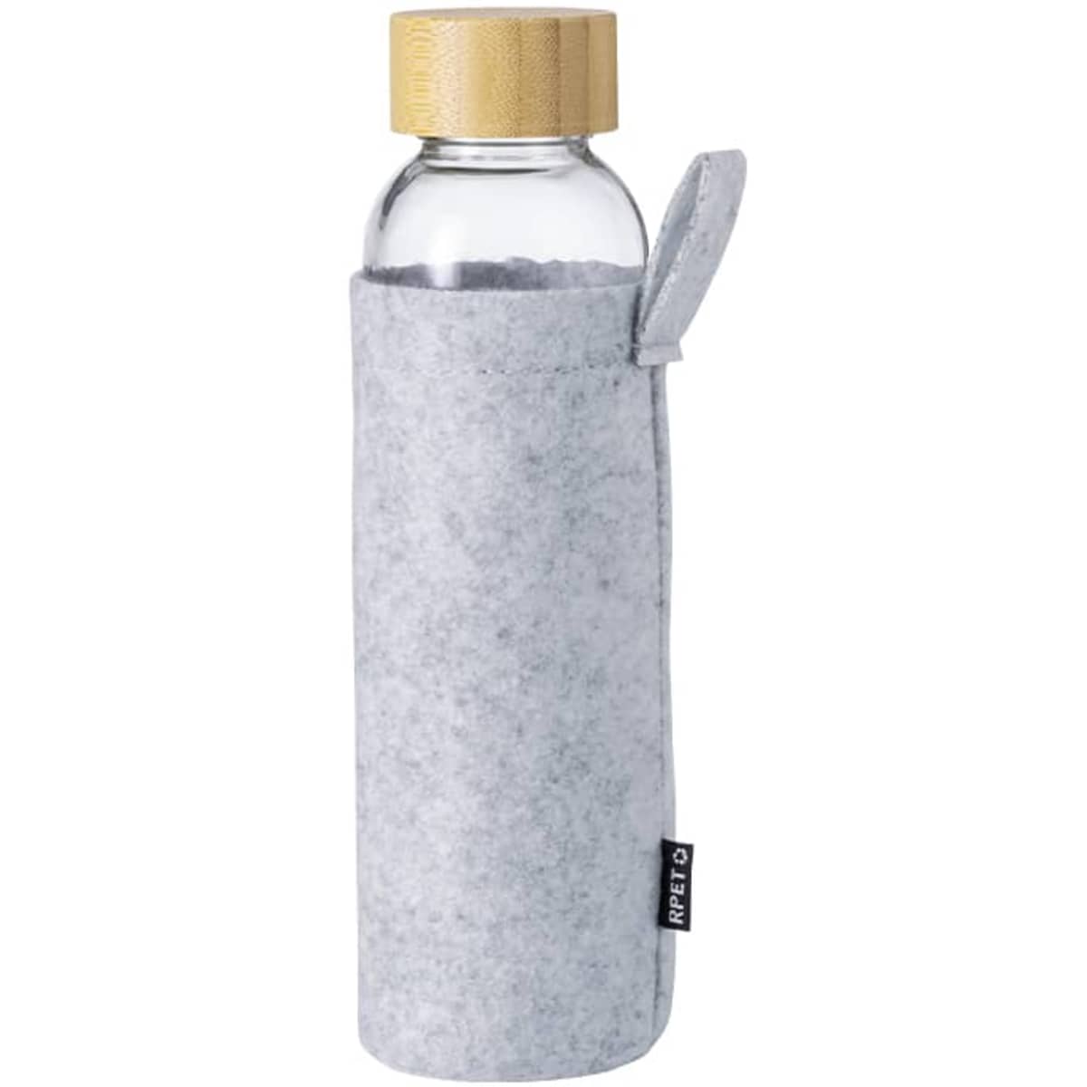 A drink bottle featuring a clear body and a wooden lid, housed in a grey felt sleeve. It includes a branding logo.