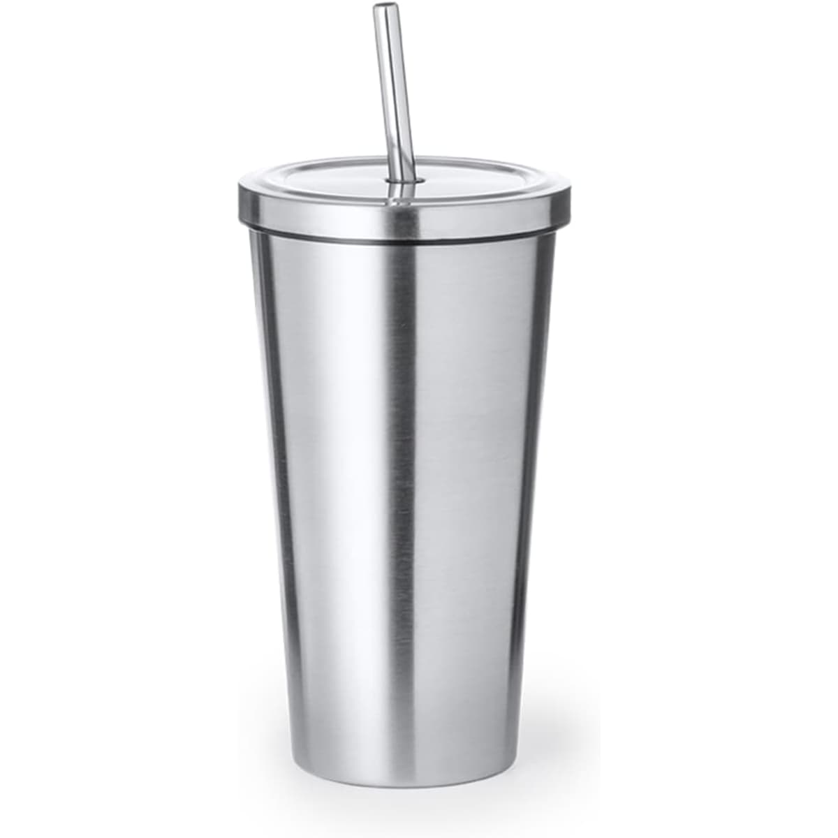 A drink bottle with a stainless steel finish, featuring a straw and a lid, suitable for travel.