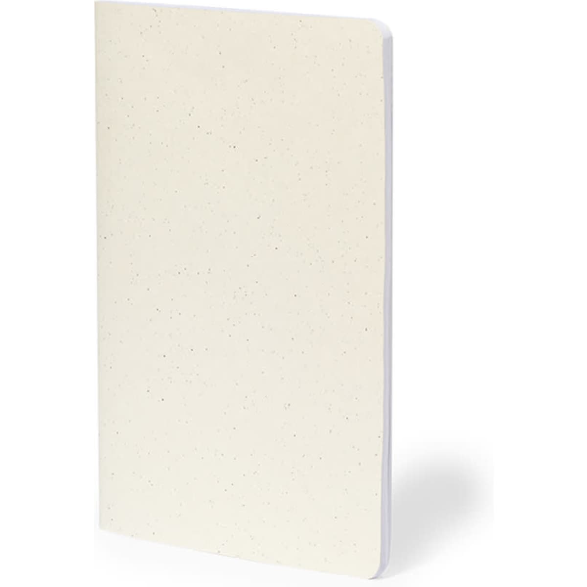 A cream-coloured notebook with a textured cover and a simple design, featuring a logo on the front.
