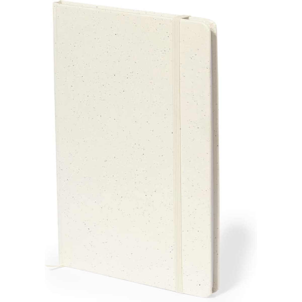 A cream-coloured notebook featuring a textured cover, elastic band, and a logo on the front.