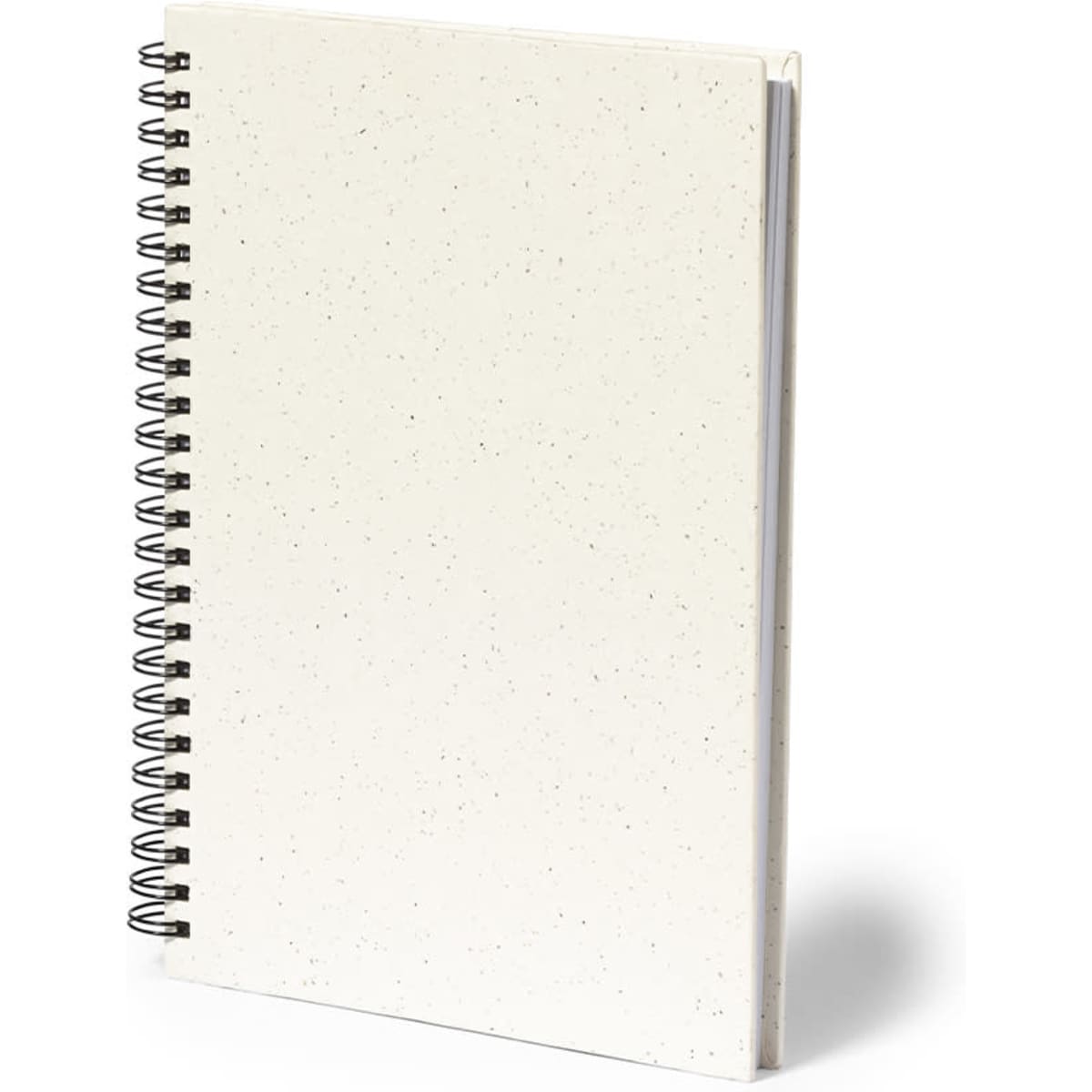 A spiral-bound notebook in white with a textured cover and a silver spiral binding. Contains no visible text or designs.