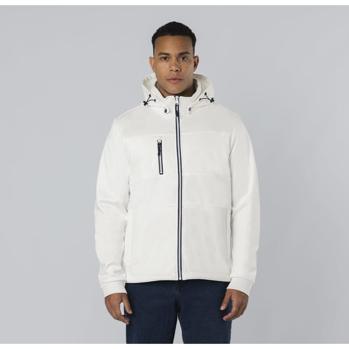 A soft shell jacket in white with a hood, featuring a zip pocket and a logo on the front.