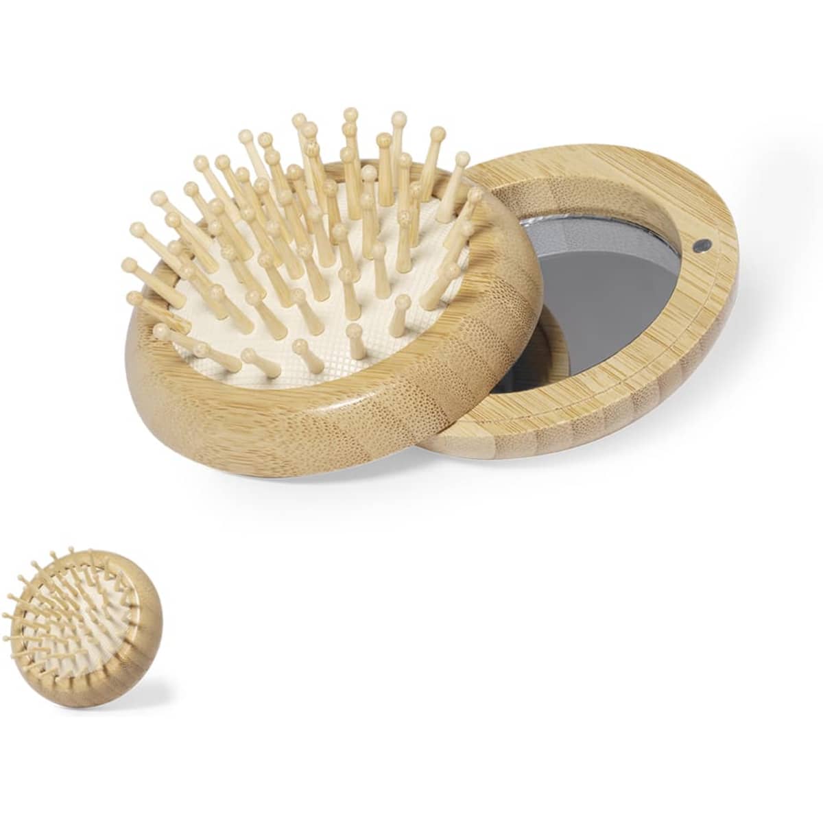 A wooden mirror compact with bristle brush, featuring a natural finish and a circular design.