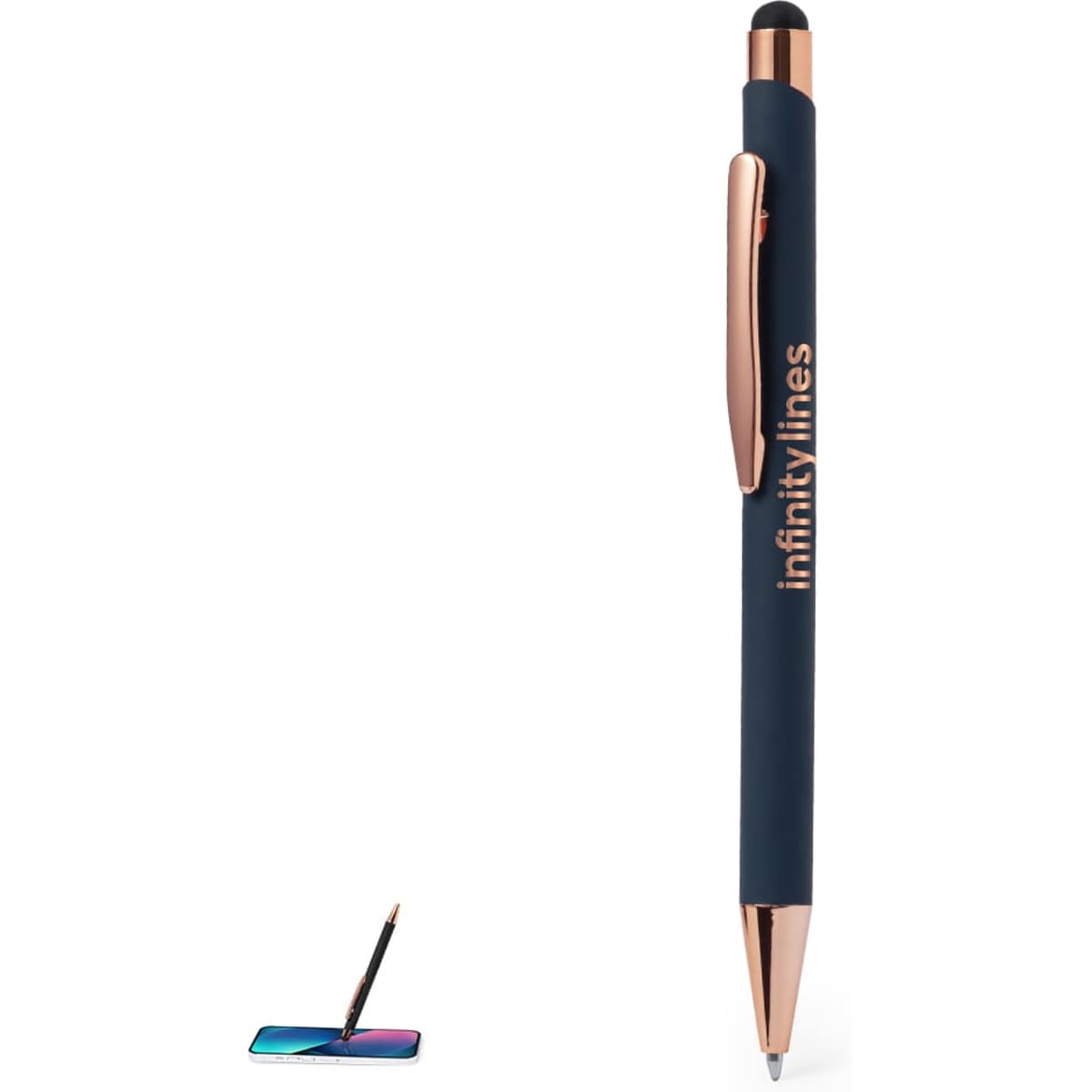 A sleek navy blue ballpoint pen with rose gold accents and a stylus tip. It features a branding logo.