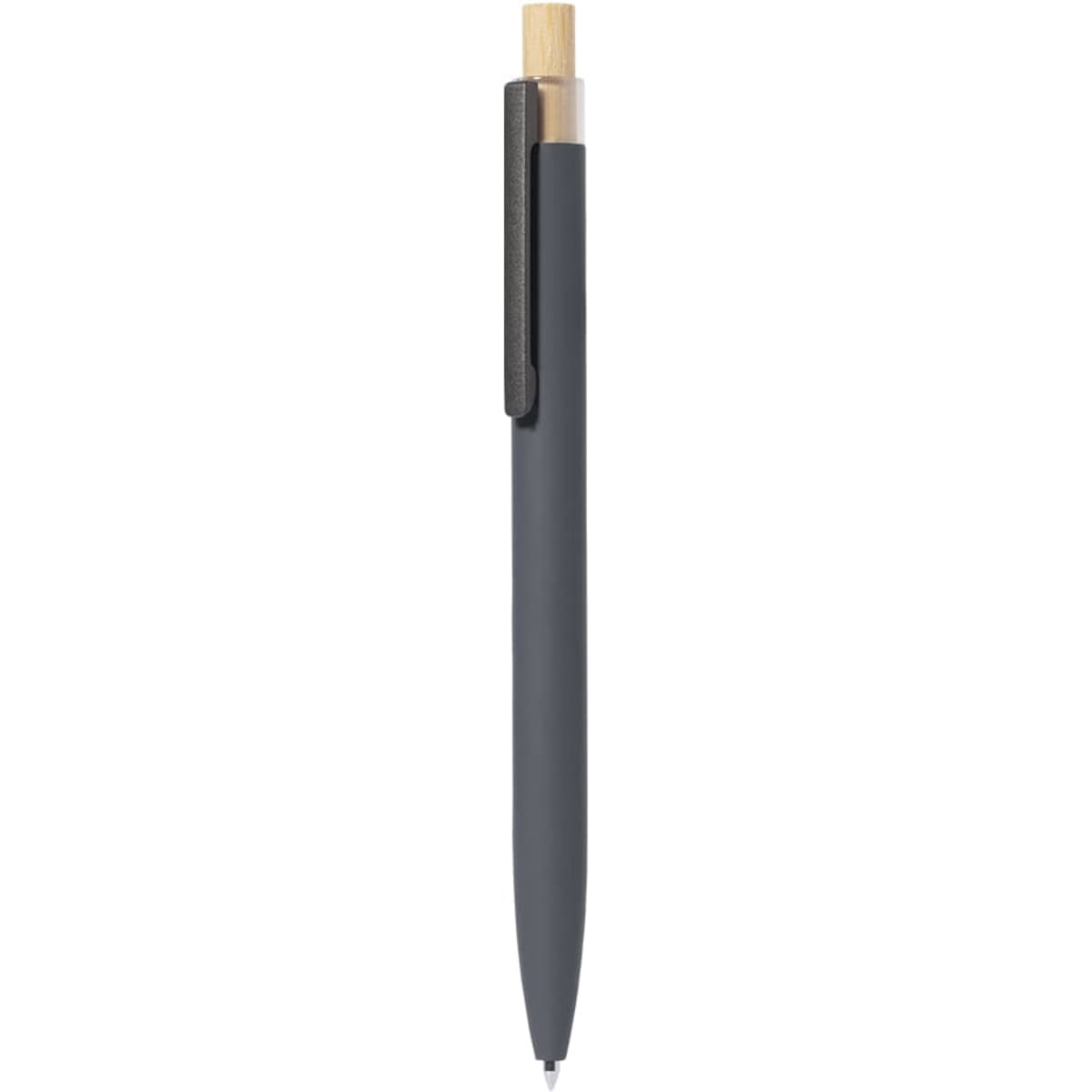 A metal pen with a grey barrel and a bamboo detailing at the top, featuring a clip and a branding logo.