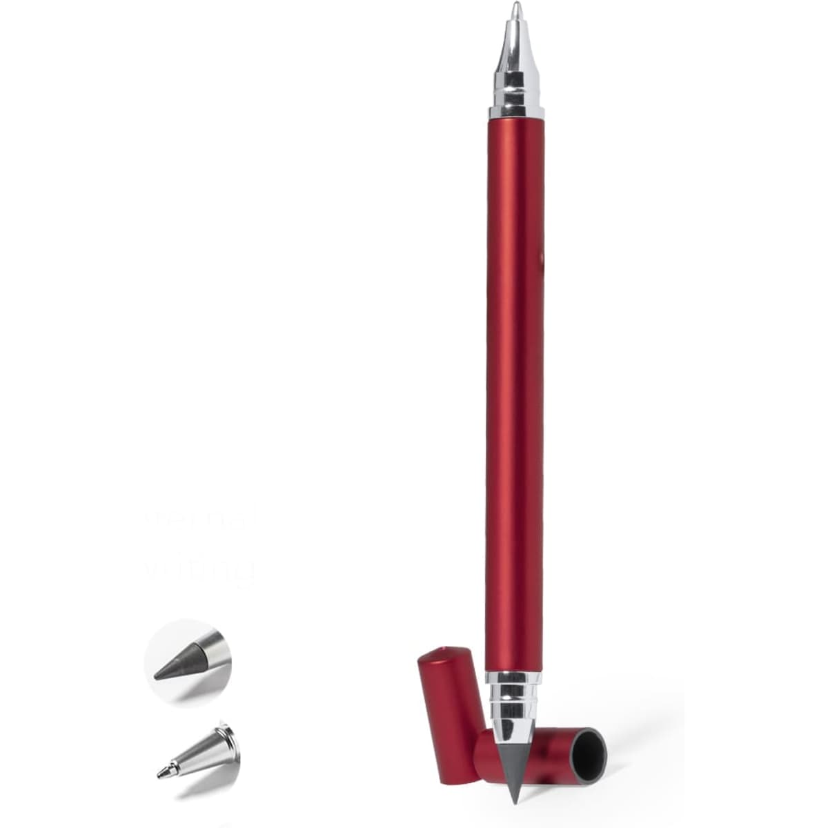 A red pen with a metallic finish, featuring a removable cap and a silver tip, alongside a close-up of the tip.