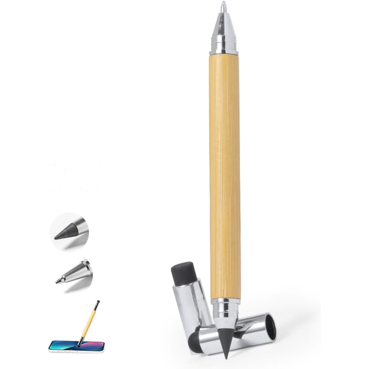 A wooden pen with metallic accents, featuring a sleek design and a detachable cap. It includes a logo.