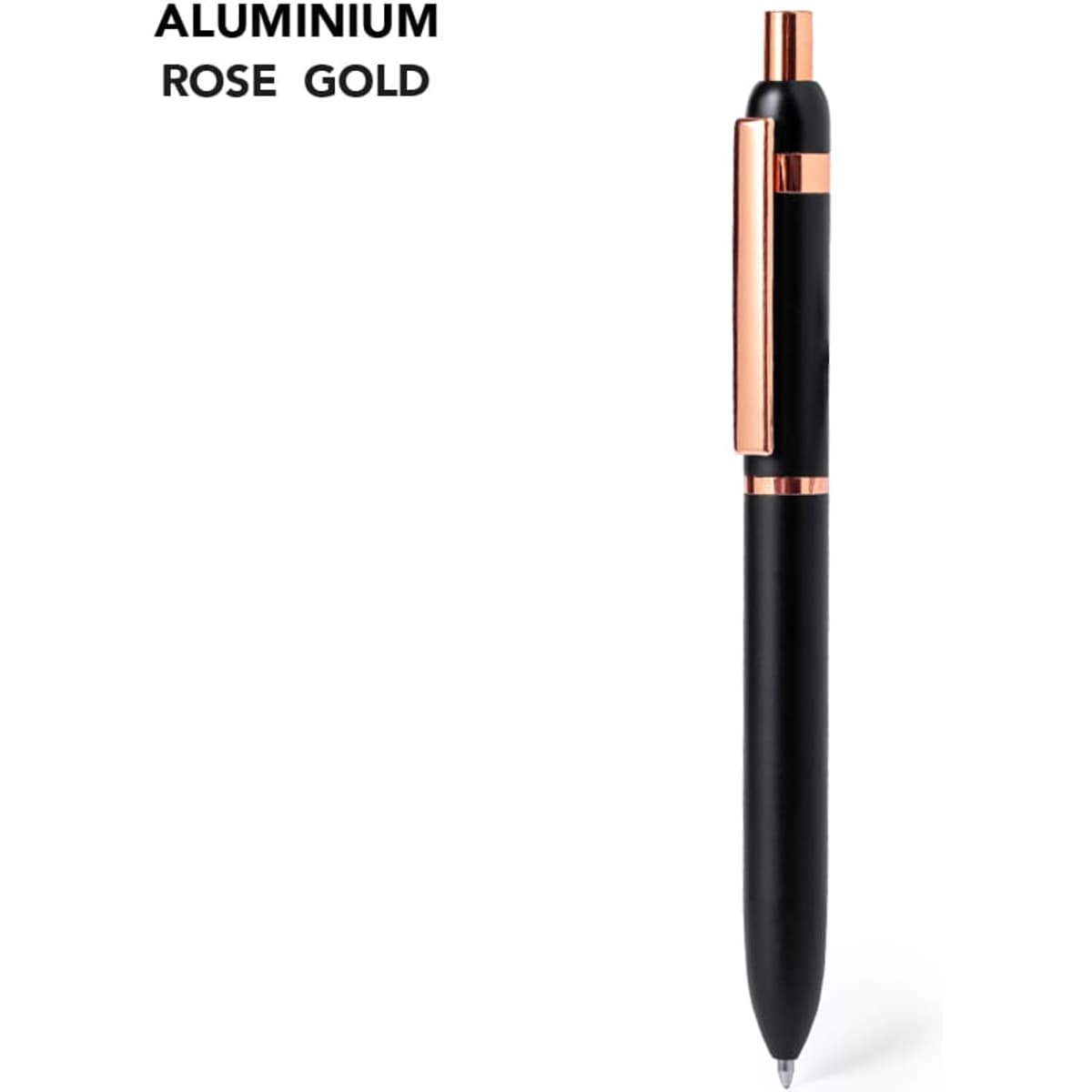 A metal pen in black and rose gold with a sleek design and a clip, featuring a logo.