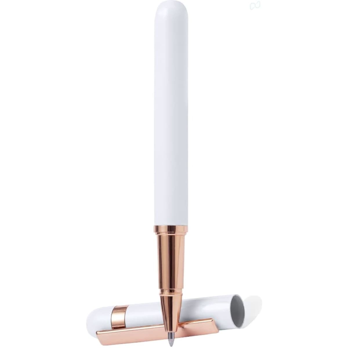 A white pen with a rose gold tip and accents, displayed upright next to its cap. It features a logo.