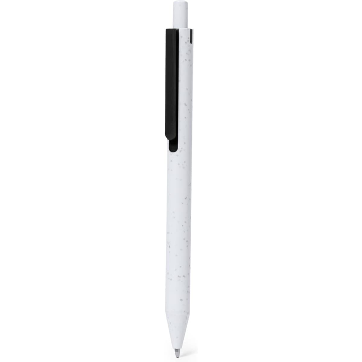 A plastic pen in white with a black clip, featuring a simple design and an understated branding logo.