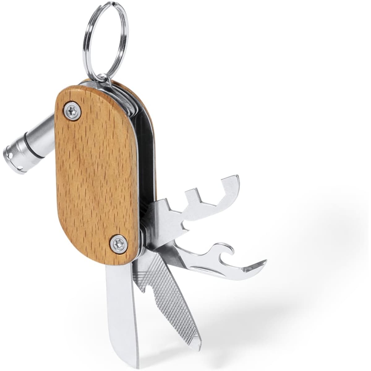 A wooden keyring multi-tool featuring silver metal components, including a knife, bottle opener, and a keyring attachment.