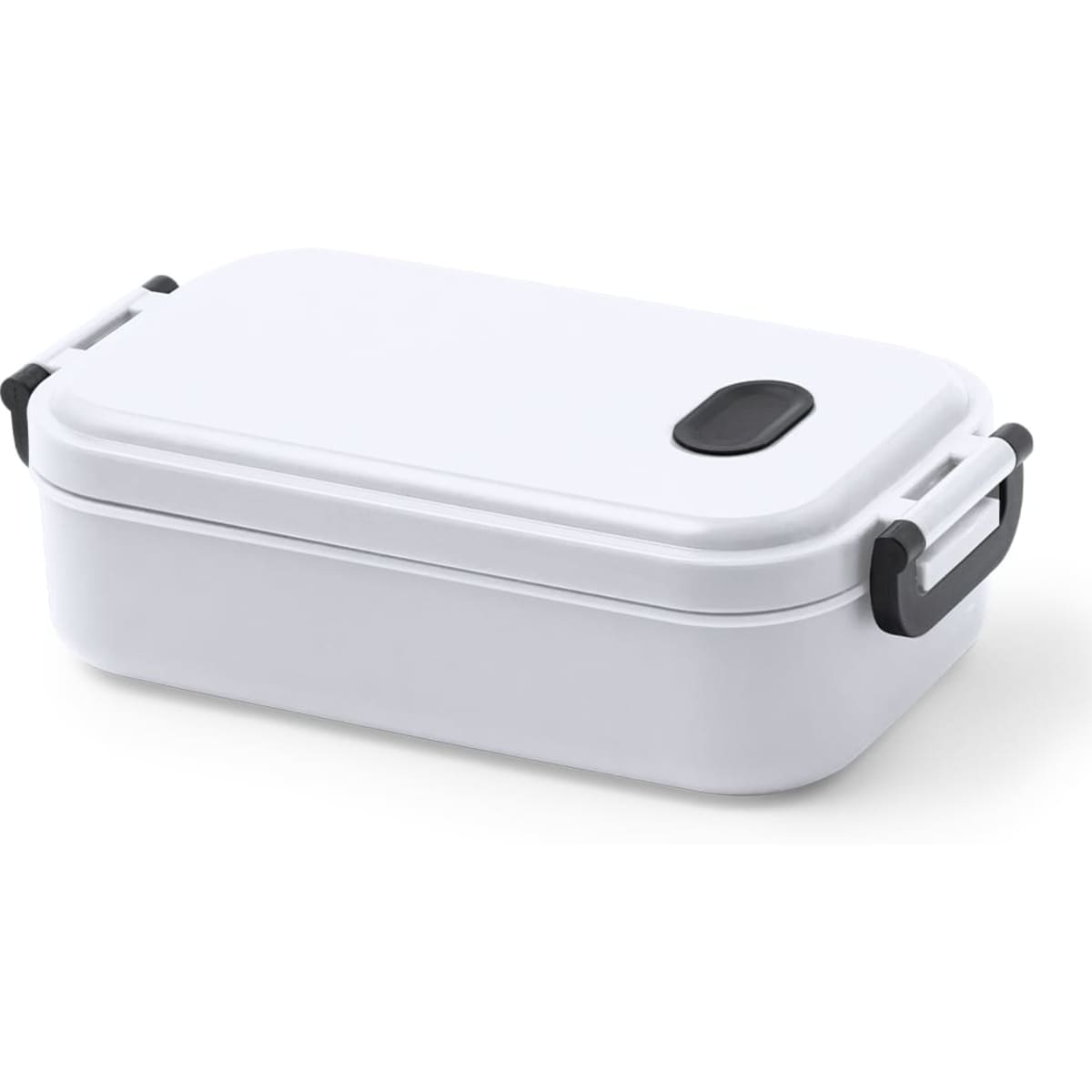 A white lunch box with a black latch and handle, featuring a sleek rectangular design.
