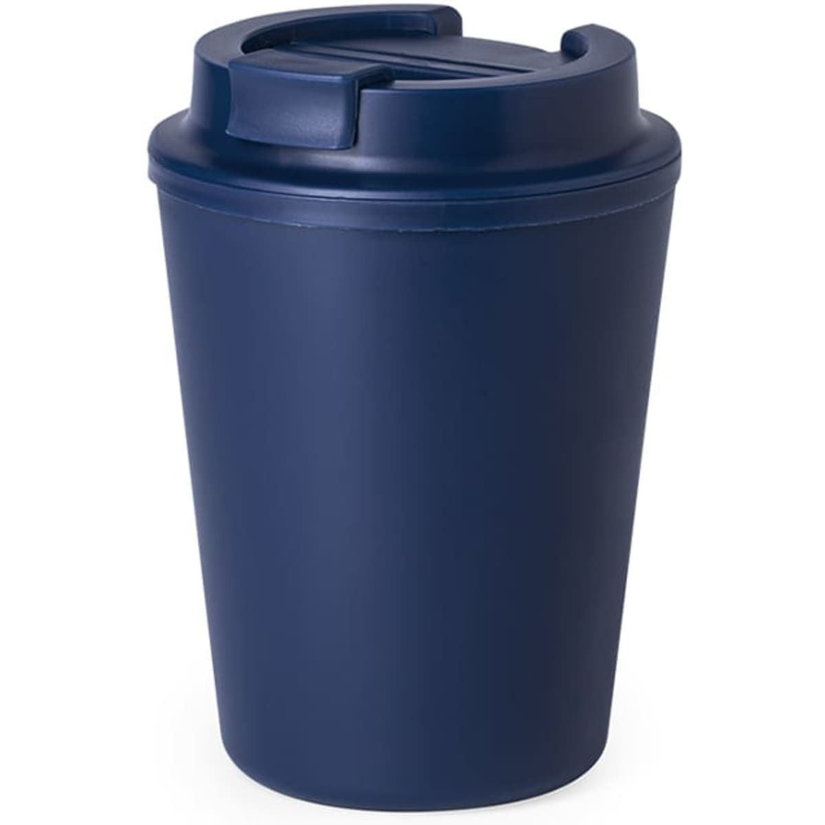 A drink bottle featuring a navy blue insulated cup with a lid and a smooth finish. It has a logo displayed on it.